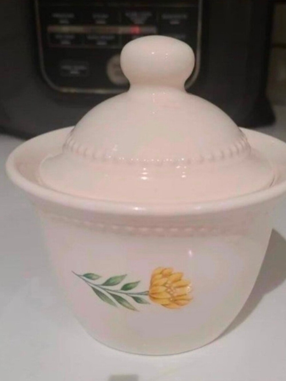 Pfaltzgraff White Ceramic Sugar Jar with Yellow Floral Accent